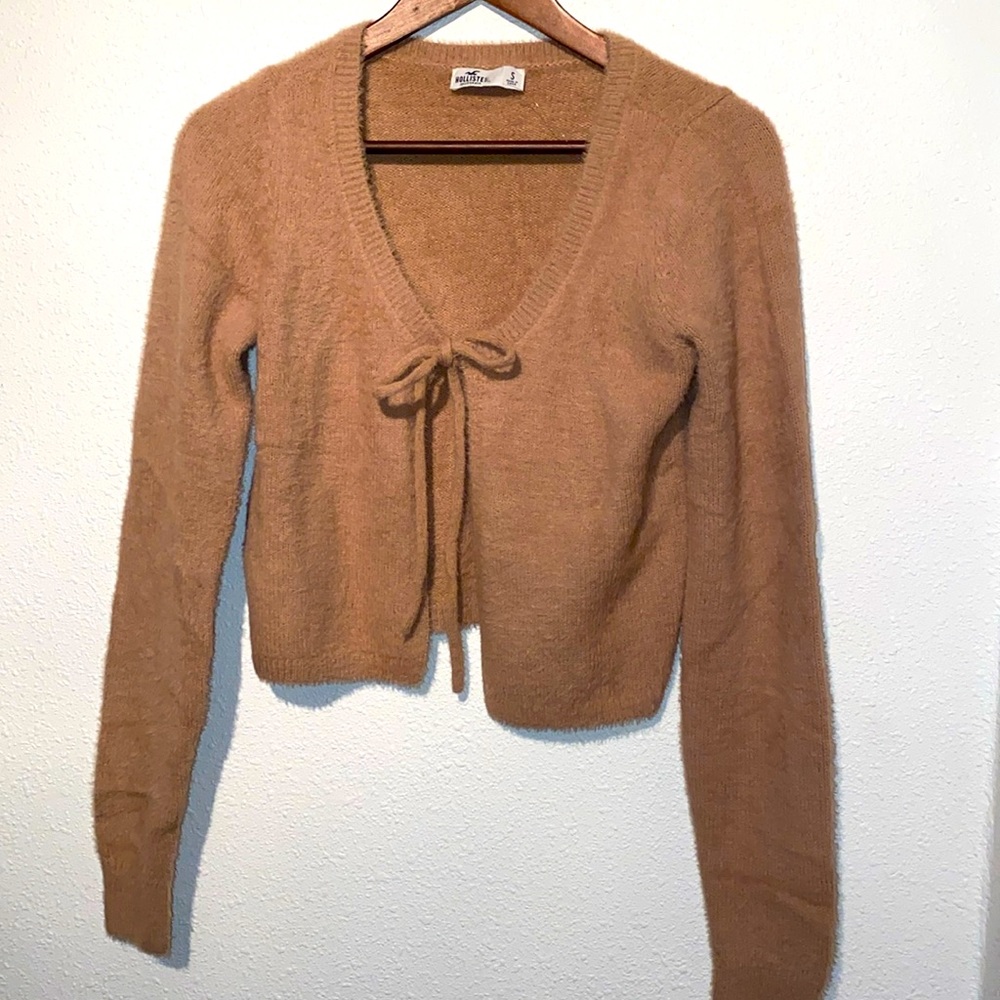 Hollister Tie Crop Top Cardigan Fuzzy Tan Small NWOT
